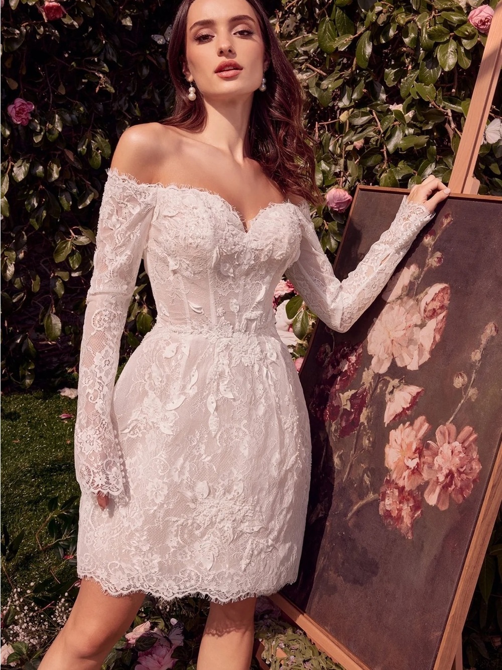 Andrea and Leo Off-Shoulder White Lace wedding party Dress